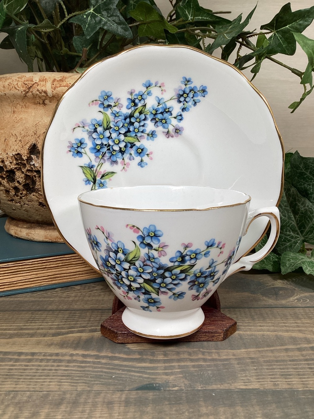 Vintage Royal Vale Blue Forget Me Not Tea Cup & Saucer Set ~ England, Bone China
